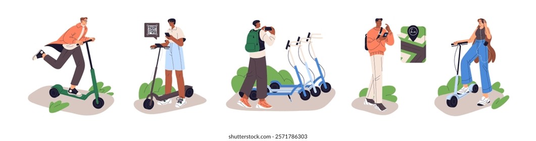 Set of people riding rental electric kick scooter. Men and women rent escooters online with sharing service in app. Characters walks by urban eco transport. Flat isolated vector illustrations on white