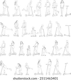 set of people riding scooters, sketch, outline on white background, vector