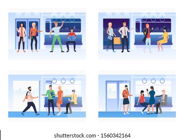Set of people riding the subway. Flat vector illustrations of man and woman travelling by tube. Way to work concept banner, website design or landing web page