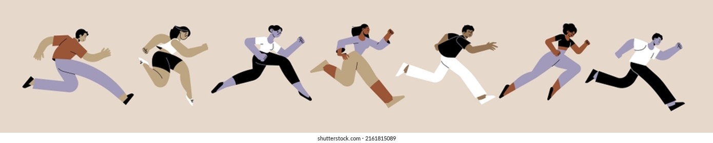 Set of people running. Concept of competition, run to success, career, challenge, marathon race, ambition, recreation and sport. Vector illustrations of active male and female.