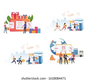 Conjunto de personas que se ofrecen descuentos en tiendas. Ilustraciones vectoriales planas de clientes comprando productos en línea. Venta, concepto de compra en línea para banner, diseño de sitio web o página web de destino