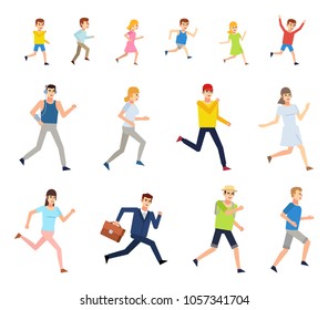 Set of people running. Man, woman, boy and girl running. Flat design vector illustration
