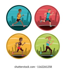 Set of people running round icons