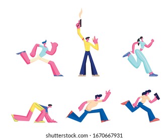 Set Of People Running, Sport Run Competition. Athlete Sprinter Runner Sportsmen Male Female Characters Marathon Sprint Race. Man Shooting With Blank Gun On Start Of Track. Cartoon Vector Illustration