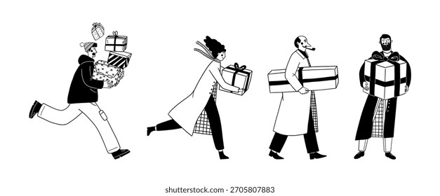 Conjunto de personas corriendo, caminando y de pie sosteniendo regalos Ilustración vectorial para compras navideñas y celebración. Personajes entregando regalos de la línea de doodle de estilo monocromo