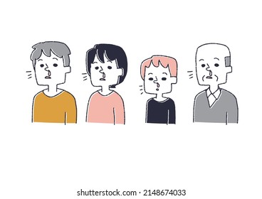 A set of people with a runny nose Comical handwritten person vector, line drawing and color