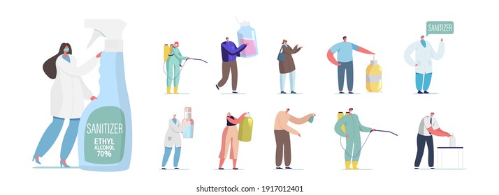 Set of People with Sanitizers. Tiny Male and Female Characters with Huge Antibacterial Liquid Bottles, Disinfectant Soap, Hazmat Suit or Spray Isolated on White Background. Cartoon Vector Illustration