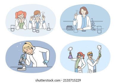 Set of people scientist work make experiments with test tubes in laboratory. Collection of researchers experiment with testtubes develop vaccine in lab. Biotechnology. Vector illustration. 