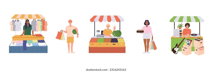 Set of people sellers and customers visitor characters at flea market, food stall and garage bazaar