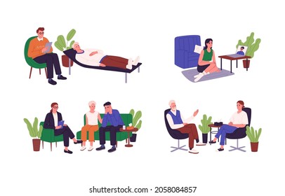 Set of people at sessions with psychotherapists and psychologists. Psychotherapy, psychology therapy and counseling for patients with mental health problems. Flat vector illustration isolated on white