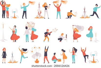 Set of People Setting off and Watching Explosion of Firework Rockets Cartoon Vector Illustration