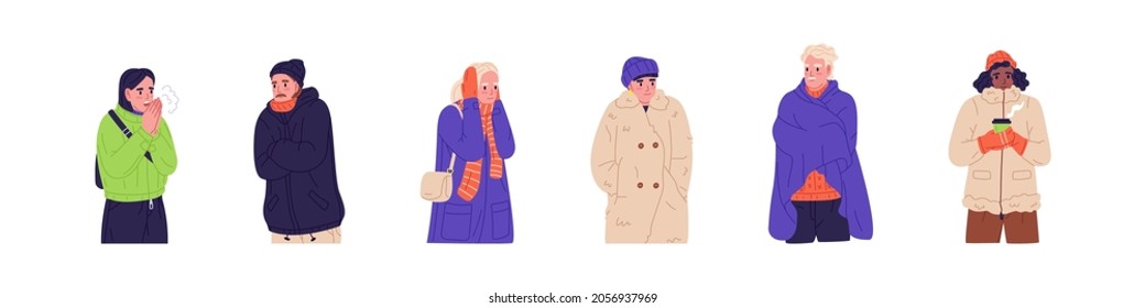 Set of people shivering with cold, wearing warm clothes, winter outfits. Man and woman in outerwear. Humans in jackets, coats, scarf, mittens. Flat vector illustration isolated on white background