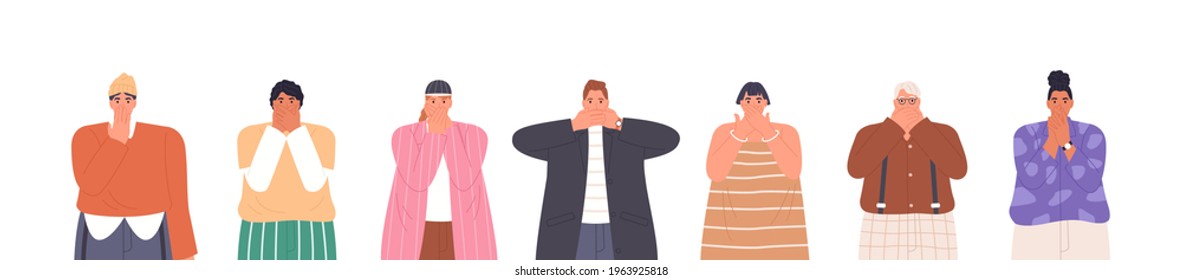 Grupo de personas, hombre y mujer impactados cubriéndose la boca con la mano.  Ilustración vectorial plana aislada en blanco