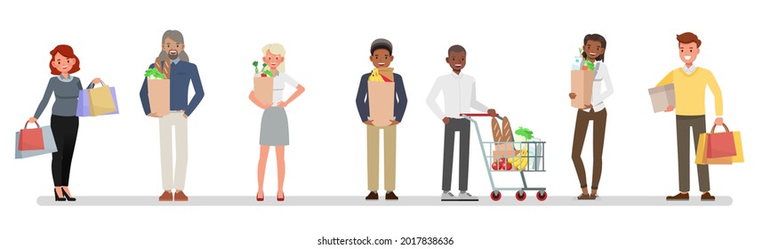 Set of people shopping with bags and carts character vector design. Presentation in various action with different emotions.