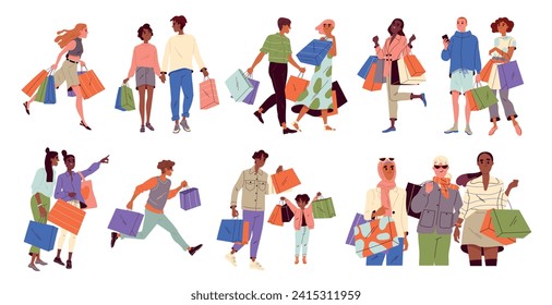 Set of people with shopping bags. Happy men and women shopaholics making purchases in mall. Seasonal sale, discounts or black friday. Cartoon flat vector illustrations isolated on white background.