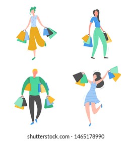 Conjunto de personas con bolsas de compras y presentes. Personajes de hombre y mujer, gran venta, descuento y publicidad Banner, promocional Cartel Concepto ilustrado en vectores