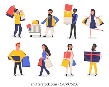 Set of people with shopping bags and purchases vector illustration. Men and women taking part in seasonal sale cartoon design. Isolated on white background