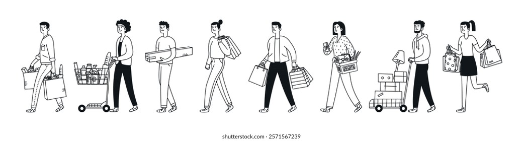 Set of people with shopping carts. Shoppers, consumers with grocery carts and supermarket baskets walking. Customers with purchases, fresh products. Doodle illustration