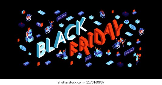 A set of people shopping. Online store and gift shop. Banner is a black Friday. Isometric 3d