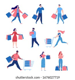 Set of people shopping. People with packages and shopping. Men and women, vanity, sale. Vector. Illustration in a flat cartoon style.