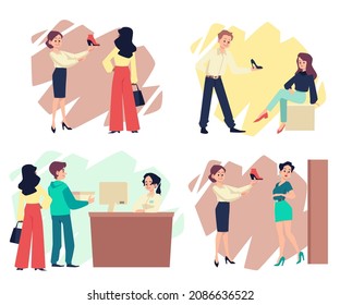 Set Of People Shopping In Shoe Store - Flat Vector Illustration Isolated On White Background. Woman Buyer Chooses Footwear With Help Of Salesman Or Consultant. Man Pays At Checkout Counter.