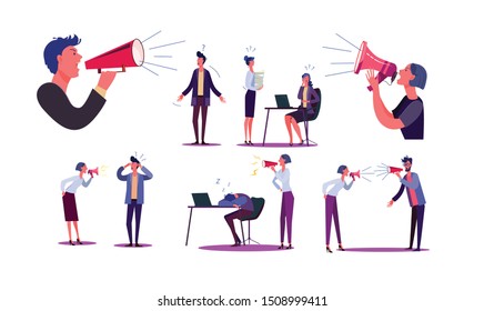 Set of people shouting at each other. Group of workers yelling with loudspeaker. Work quarrelling concept. Vector illustration can be used for presentation, project, webpage