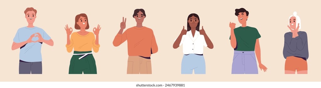 Set of people showing hand gestures. Happy men and women express positive emotions through body language. Heart, ok, thumbs up and peace signs. Cartoon flat vector illustrations isolated on background