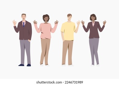 Grupo de personas mostrando el signo correcto. Gestores felices. Emociones de felicidad, lenguaje corporal. Personas que muestran gestos positivos.Ilustración de caracteres vectoriales.