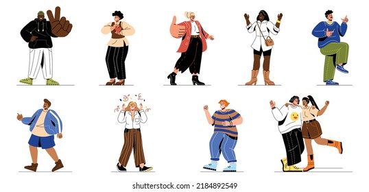 Set of People Showing Positive Gestures. Happy men and women experience and express positive emotions through body language. Thumbs up, peace and Yeah. Cartoon flat vector collection isolated on white