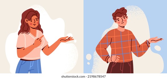 Set of people showing smth. Young man and woman use hand and finger gestures for product presentation. Characters pointing up. Advertising and marketing. Cartoon flat vector illustration collection