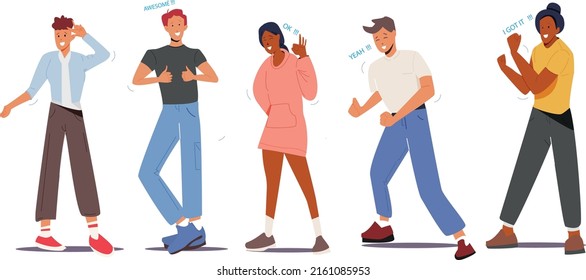 Set Of People Showing Various Postive Emotions And Gesture. Happy Male And Female Cartoon Character Showing Positive Sign Of Ok Sign, Thumbs Up, Victory, Scissors And I Got It Gesture. 