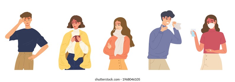 Set of people with sick symptoms ; feeling unwell, having cold, seasonal flu, high temperature, running nose, coughing, headache and taking medicine. Different character. Flat vector illustration.