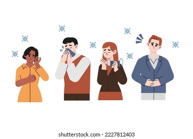 Set of people with sick symptoms ; feeling unwell, having cold, seasonal flu, high temperature, running nose, coughing, headache and stomachache. Different character. Flat vector illustration.