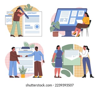 Set of people signing contract. Men and women entrepreneurs make deal and sign digital or paper document. Agreement between partners. Cartoon flat vector collection isolated on white background