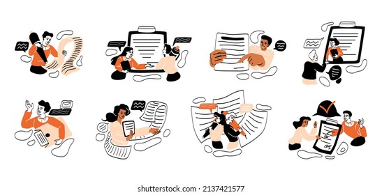Set of people signing paper and digital contract. Men and women enter into agreement or partnership deal. Metaphor of concluding contract. Cartoon flat vector collection isolated on white background