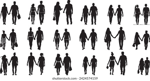 Set von Menschen Silhouette schwarz Vektor Mädchen und Mann zu Fuß Illustration