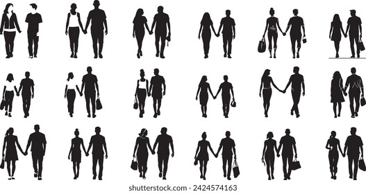 set of people silhouette black vector girl and man walking illustration