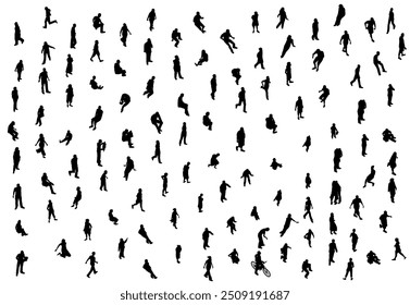 Set with people silhouette in different positions isolated on white background. Men, women and children walking, running, standing, sitting. Isometric view. Vector illustration.