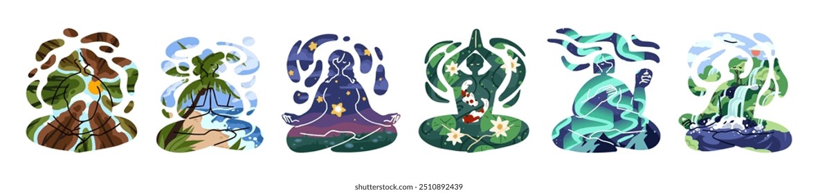 Set of people silhouette in yoga poses. Meditation concept. Zen and harmony with nature. Practice of awareness, balance, enlightenment in asanas. Flat isolated vector illustrations on white background