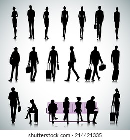 Set of people silhouettes in airport