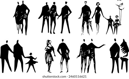 Set of people silhouettes in black color for background design, people sketches