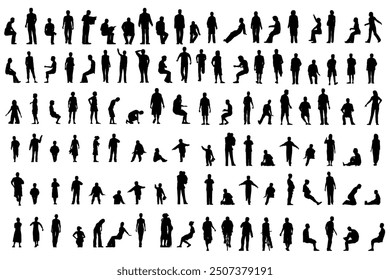 Set with people silhouettes in different positions isolated on white background. Men, women and children walking, running, standing, sitting. Front view. Vector illustration.