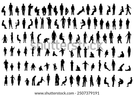 Set with people silhouettes in different positions isolated on white background. Men, women and children walking, running, standing, sitting. Front view. Vector illustration.