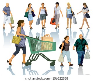 Set of people silhouettes. Happy shopping people holding bags with products. EPS 10. 