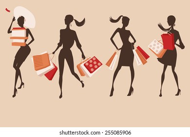 Set of people silhouettes. Happy shopping girls