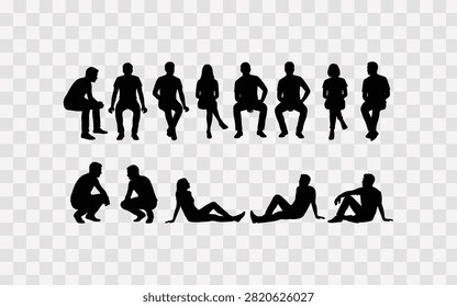 Set of people silhouettes sitting and crouching in various poses