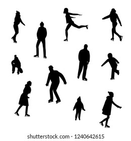 Set of people silhouettes skating, vector. women, girls, men, children.