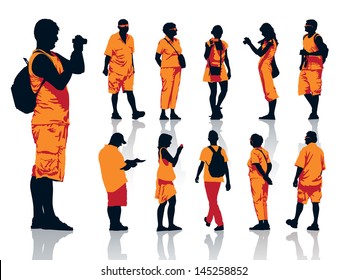 Set of people silhouettes. Tourists on a trip.