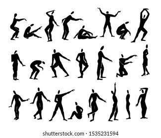 Set with people silhouettes. Vector hand-drawn illustration. The set contains different silhouettes of people in different poses. Vector illustration with people who stand, run, sit, dance. 
