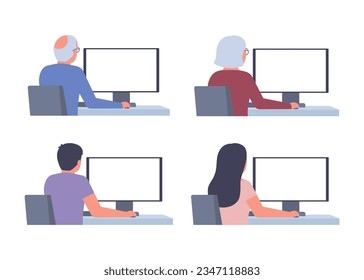 Set of people sits at table computer work back view. Elderly senior, man, woman on workplace. Vector illustration